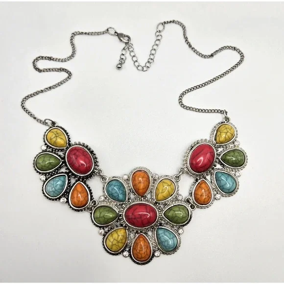 Statement Necklace Colorful Stones Silvertone Tribal Southwest Boho Maximalist