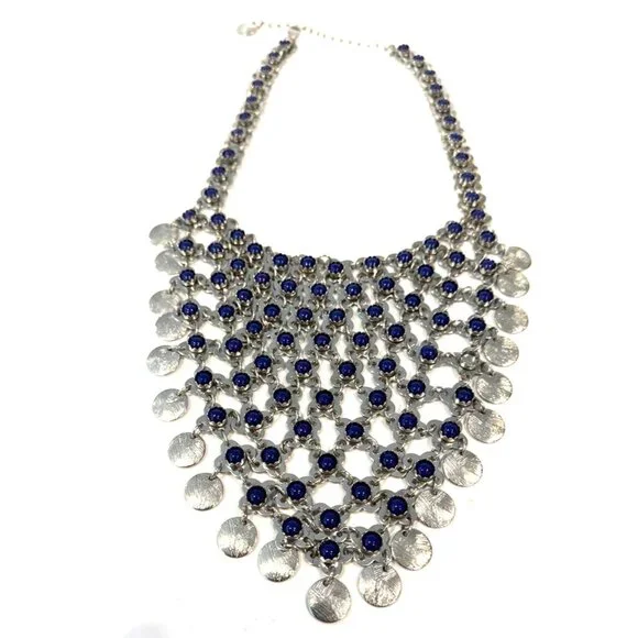 Chico's Ellinora Heavy Choker Necklace Silver Tone Dark Blue Stones Silvertone