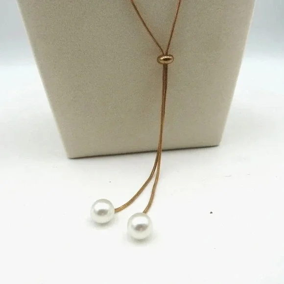 Gold Tone Lariat Necklace Adjustable‎ Slider Chain Faux Pearl Y Drop Jewelry