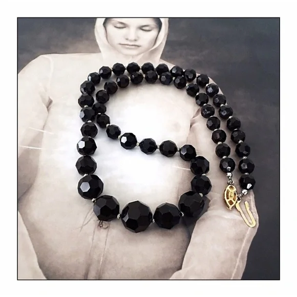 Vintage Czech Jet Crystal Beads Mourning Necklace
