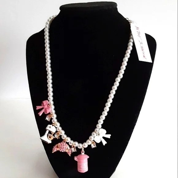 𝅺Betsey Johnson Baby Cakes Charm Necklace Croissant Bows Mixer Pink New