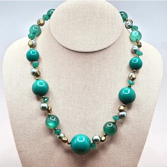 Boutique Green Teal Moonglow Beaded Statement Necklace Boho Frosted Gold Accents