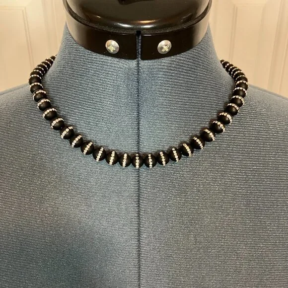 Handcrafted Black Agate w Rhinestone Inlaid Bead Necklace - 18