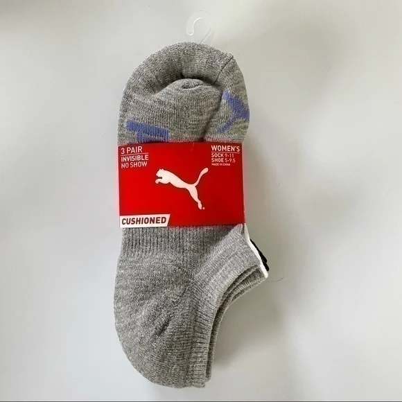 Puma women’s invisible no show liner socks 3 pack white gray black size 5-9.5