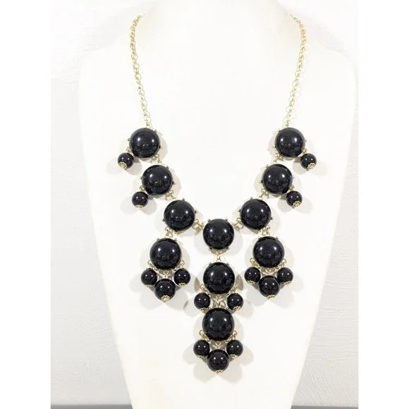 Black Bubble Statement Bib Necklace Gold Tone Bold Gothic 28