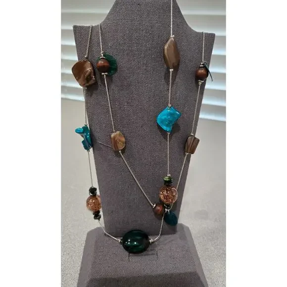 Silver Blue Green Stone Beads Double Strand Necklace Lobster Clasp