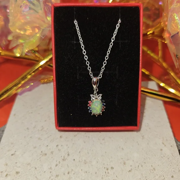 Natural Fire Opal Multi Sapphire Pendant 925 Stainless Steel - BRAND NEW