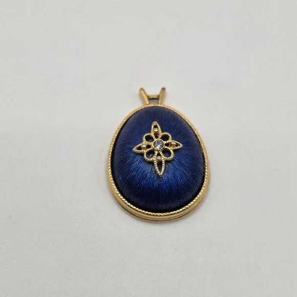 Vintage Avon Cobalt Blue Guilloche Enamel Egg Pendant Gold Tone Starb8
