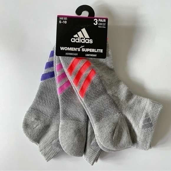 Adidas women’s low cut socks 3 pairs size 5-10 gray purple pink orange