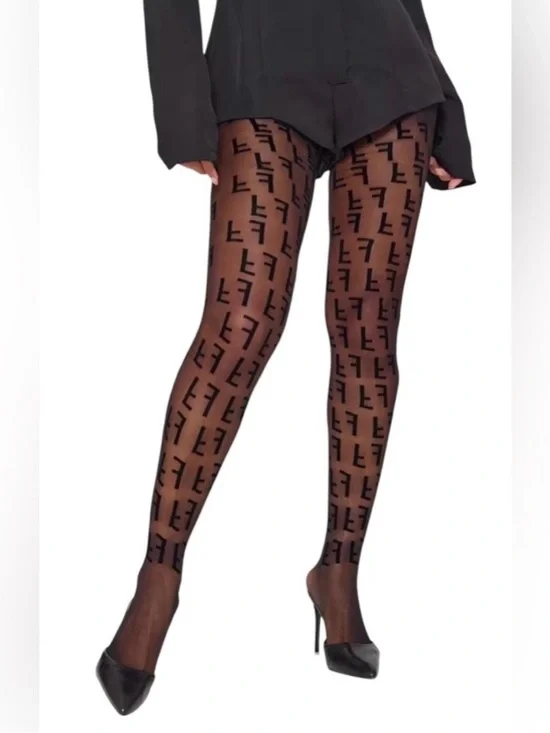 F Logo Pattern Sheer Tights - Black