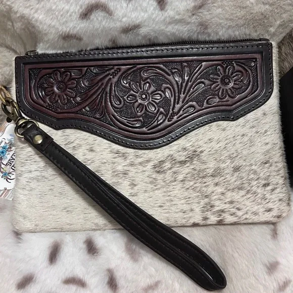 Western Cowhide Tooled Leather Wristlet Clutch Pouch Bag Genuine Hair On New‎