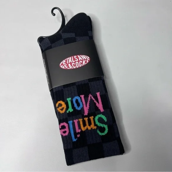 PETALS and Peacocks SMILE MORE Checkered Crew Socks Black Gray NWT