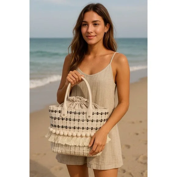 Sam Edelman Tori Tote Ivory Sequin Bag Beachy Boho Woven Drawstring Closure