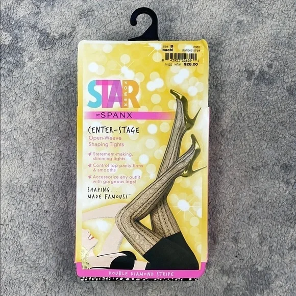 Spanx Star Power Center Stage Shaping Tights Double Diamond Stripe Black Sz B