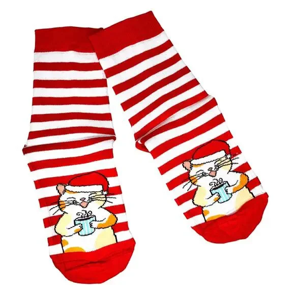 Red White Striped Christmas Cat Novelty Socks - NIP