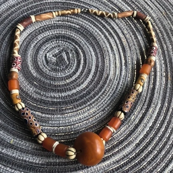 Boho wood beaded statement necklace 10”
