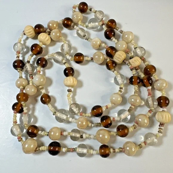 Vintage Boho Statement Necklace 42 Inch Over Head Carved Wood Bead Artisan