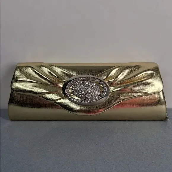 Ray USA Formal Bag Purse Gold Colored w/ Rhinestones Clutch Shoulder Crossbody