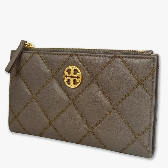 Tory Burch Quilted Zip Clutch in Olive Brown with Gold Logo