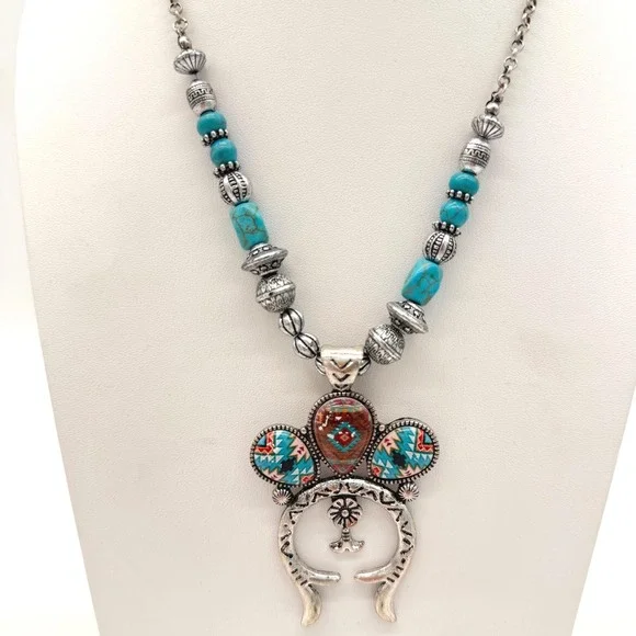 Southwestern Naja Necklace Turquoise Look Beads Aztec Pendant Boho