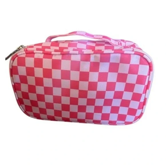Pink White‎ Checkerboard Relavel Makeup Bag Travel Toiletry Organizer Pouch