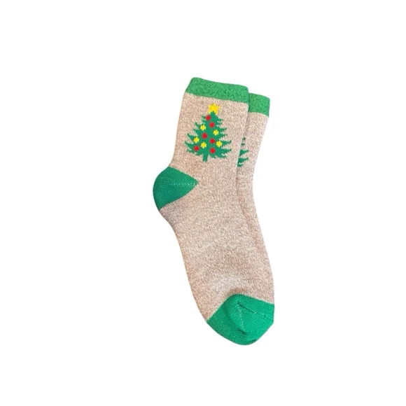 Women's Northeast cabin Socks One Size Beige Green Christmas Tree