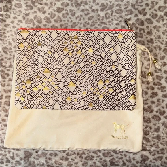 Deux Lux Cream Cosmetic Pouch with Gold Geometric Print and Coral Trim