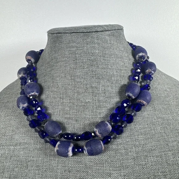 Statement Necklace Recycled Blue Glass Froster Handmade Handcrafted Beads 18