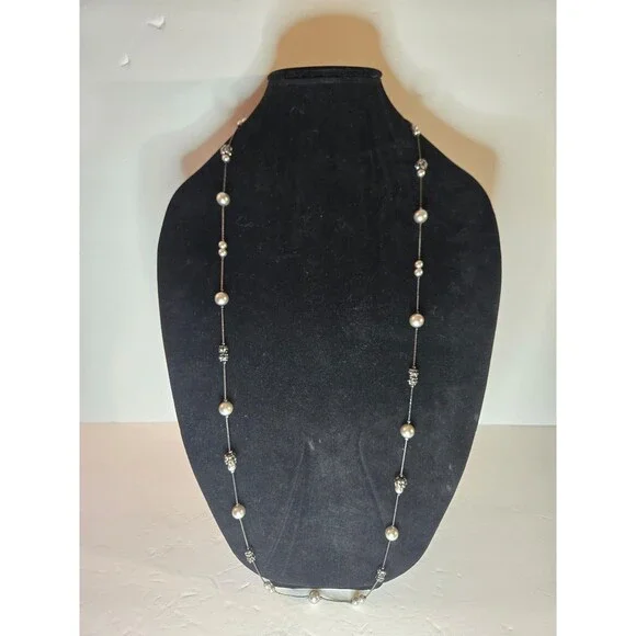 RMN Necklace Silver Tone Long Faux Pearls with Sparkly Beads Adjustable Length