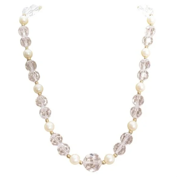 Vintage Clear Faceted Crystal‎ and Cream Faux Pearl Beaded Necklace 15.5in