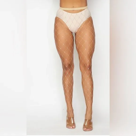 Nude rhinestones wide fishnet hosiery tights stockings