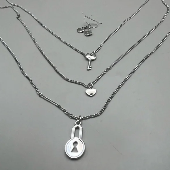 Silver Lock and Key Necklace Set