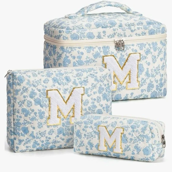 3 pc Quilted Floral Makeup Cosmetic Toiletry Bag Set - Initial M