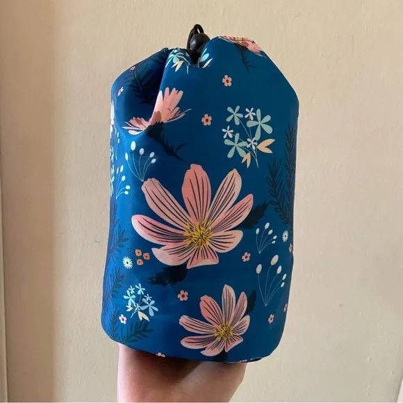 Blue and Pink Floral Print Cylinder Makeup Pouch with Drawstring