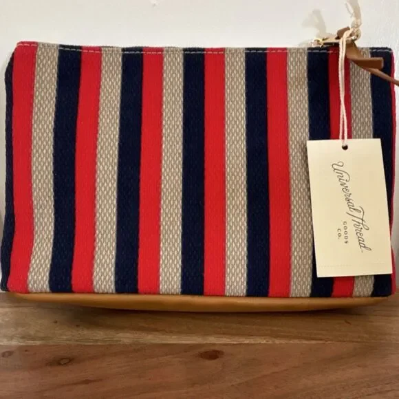 Universal Thread Striped Makeup Bag Red Navy Beige Brown Polyester Zipper