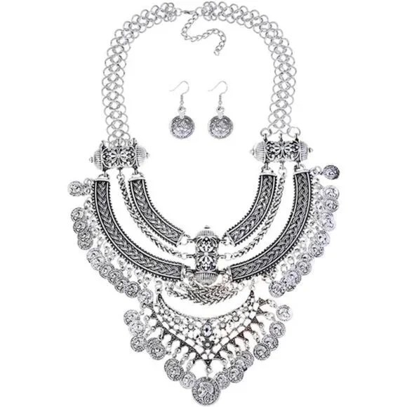 Women Vintage Bohemian Silver Gypsy Bib Chunky Festival Statement Coin Necklace