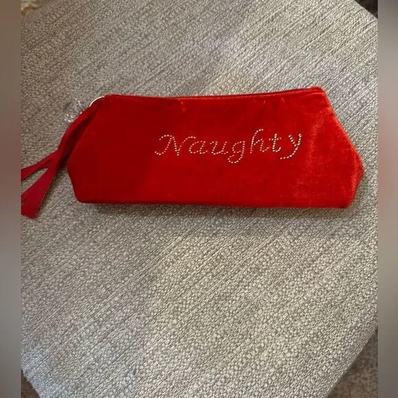 Red Velvet Naughty/Nice Cosmetic Bag with Rhinestone Detail