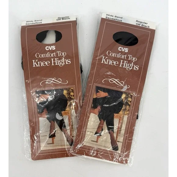 2 Pack CVS Vintage Comfort Top Knee Highs Regular Off Black Wide Band 888735 NOS