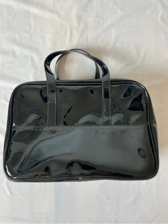 Lancôme Black faux Leather Vanity Travel Bag Rose Print Lining zip around