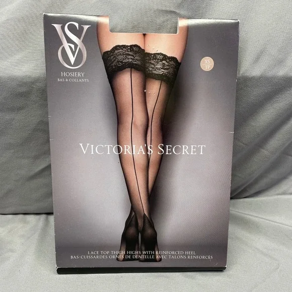 Victorias Secret Lace Top Thigh Highs Back Seam Rhinestone Logo Nude XS 11200497