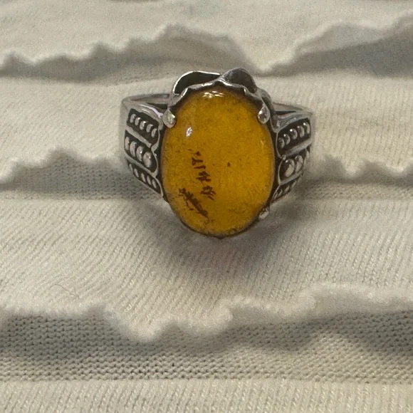 Antique Silver Yellow Amber Cabochon Cocktail Ring Bezel Gemstone Filagree Sz 7