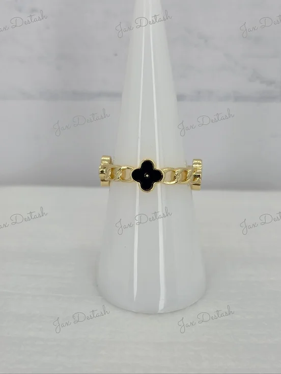 Gold Tone Black Clover Chain Ring RG032