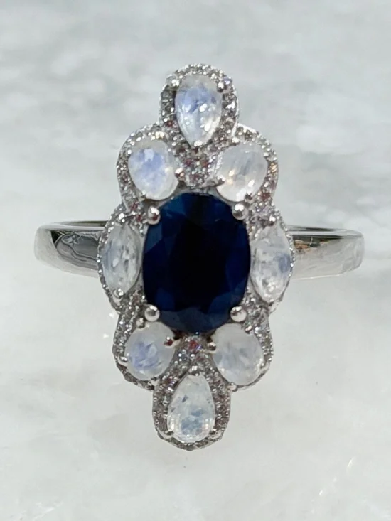 Kanchanaburri Blue Sapphire Moonstone Zircon Sterling Silver Cluster Ring Sz 9