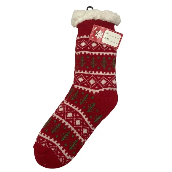 Red Fair Isle Christmas Tree Slipper Socks Fleece Lined Holiday Gift NWT