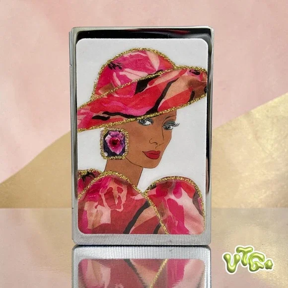 RARE VTG 80s/90s Glam Lady Lipstick Case Compact Mirror Red Gold Rhinestone