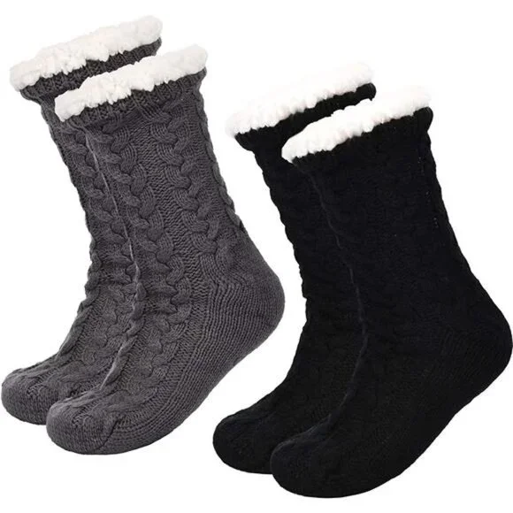 2 Pairs Women's Warm Slipper Socks Fuzzy Fleece-lined Non Slip Socks