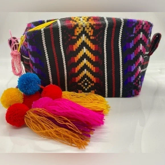 Mexican Cosmetic Bag Makeup Bag Pom Poms