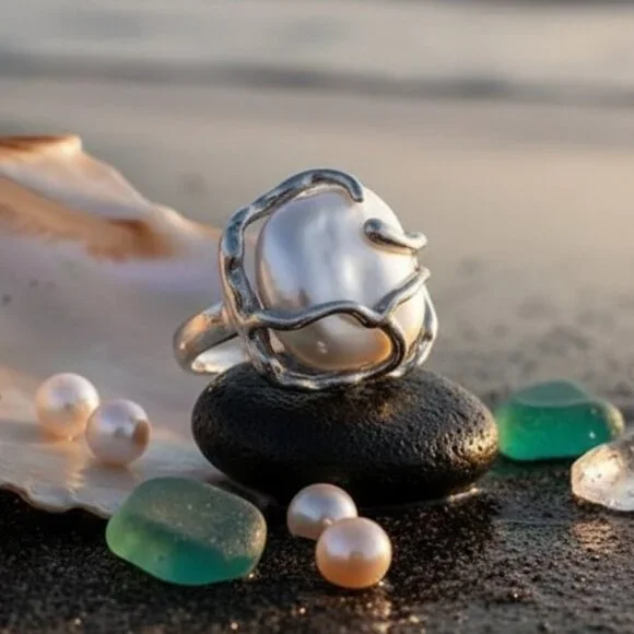 925 Sterling Silver Sculptural Faux Baroque Pearl Statement Ring Adjustable 6-9