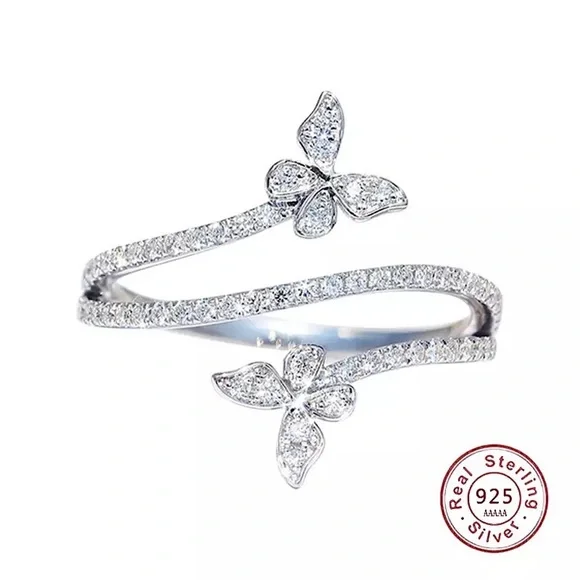*NEW 925 Double Butterfly Ring - Silver Clear Zircon Lab Diamond