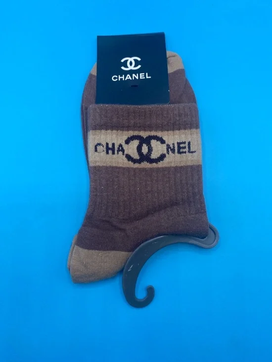 CHANEL Brown & Tan Striped Logo Socks